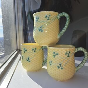 Bordallo Pinheiro Yellow Shamrock Mugs Set of 3 Discontinued Portugal Pottery